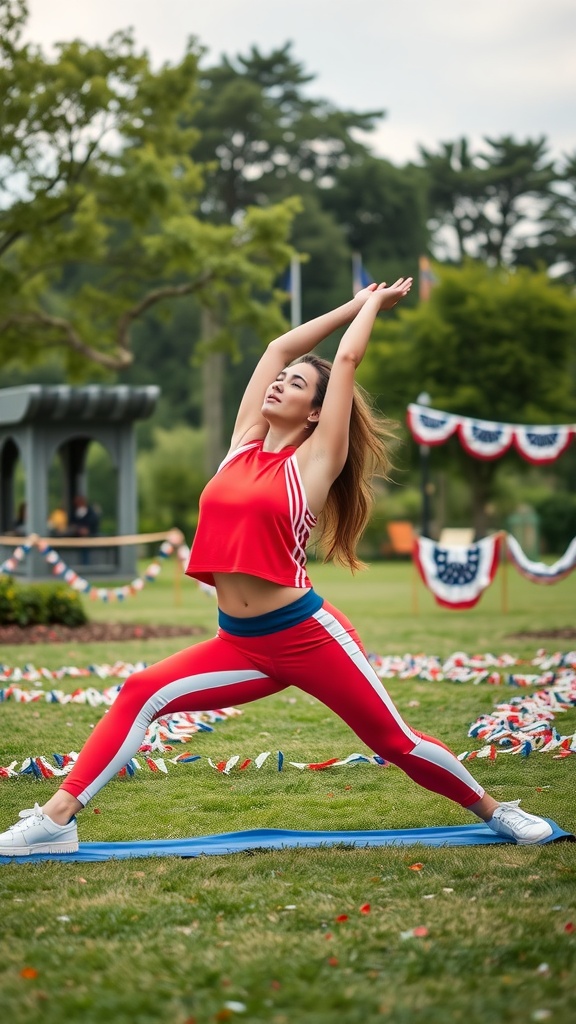 A woman in red athleisure wear stretching outdoors, surrounded by festive decorations for the 4th of July.