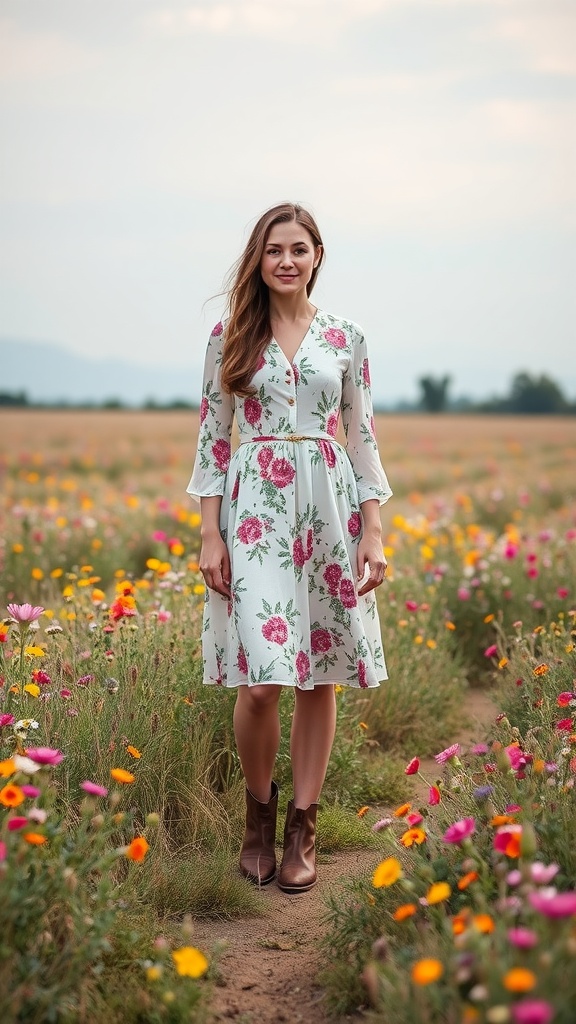 Woman in a floral dress standing in a field of flowers