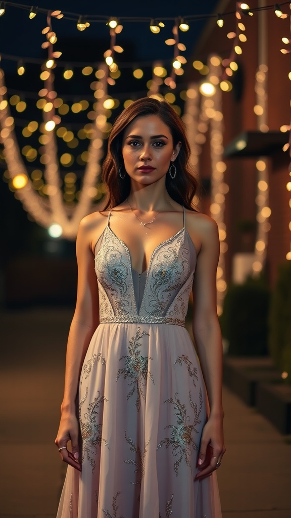 A woman wearing an elegant evening dress with intricate embroidery, set against a backdrop of twinkling lights.