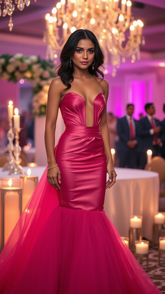 A woman wearing an elegant rose evening gown with a deep neckline and tulle mermaid bottom, standing in a beautifully lit event venue.