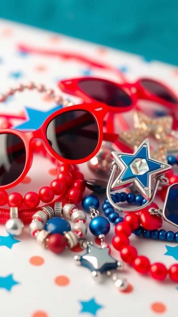 A collection of red sunglasses, beaded necklaces, and star-shaped accessories for the 4th of July