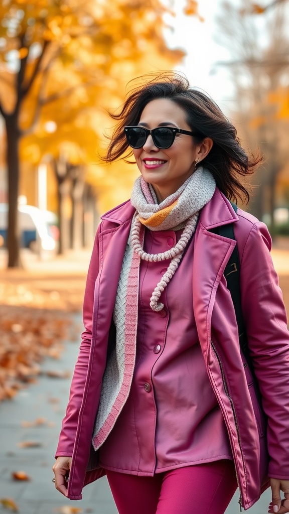 A woman wearing a layered pink outfit for cooler weather, featuring a pink jacket, top, and pants, along with a light scarf and sunglasses.