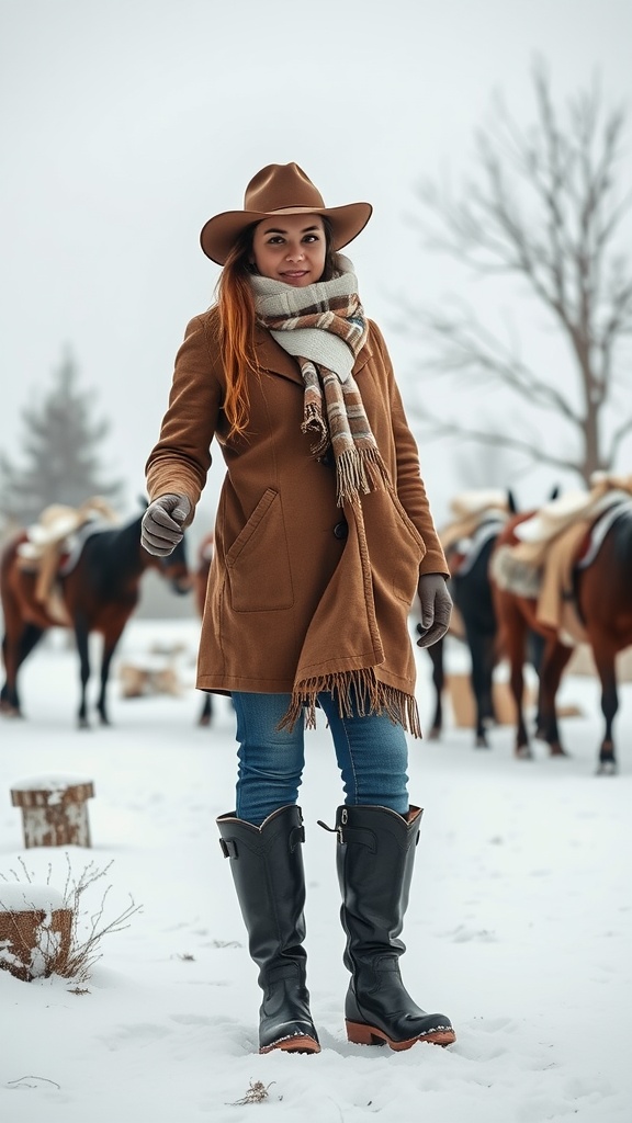 A woman in a brown coat, scarf, hat, and tall black boots stands in a snowy landscape with horses in the background.