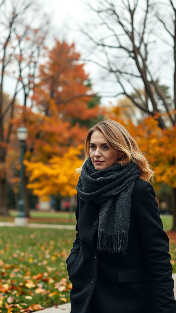 A woman in a black coat and scarf, standing in a park with autumn leaves.