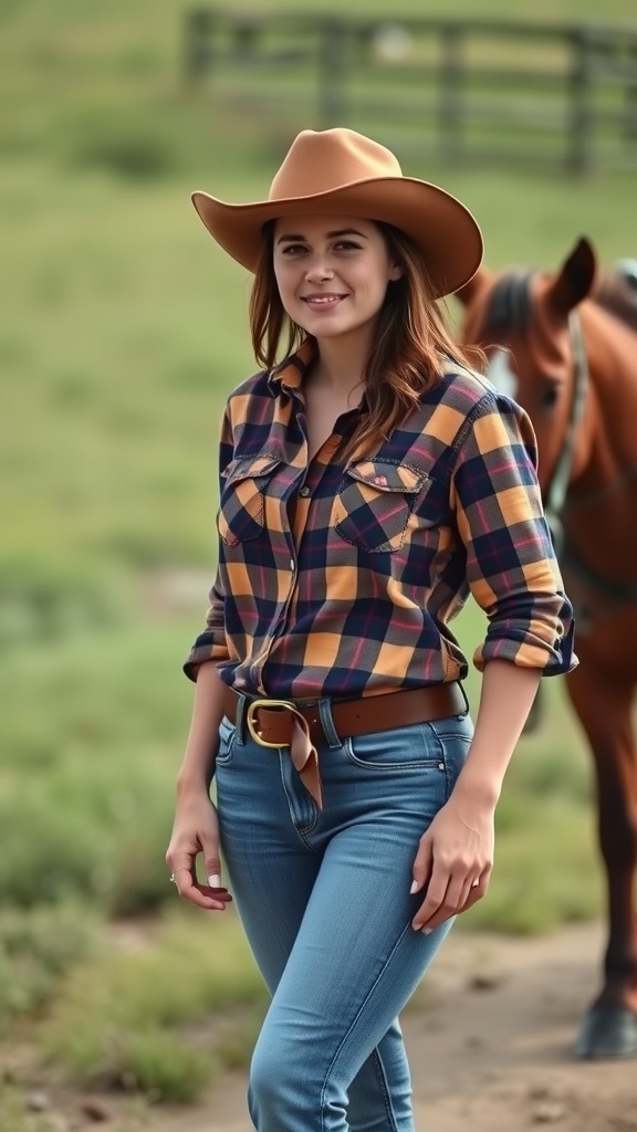 A woman in a plaid shirt and jeans stands confidently with a horse in the background, embodying rugged ranch wear.