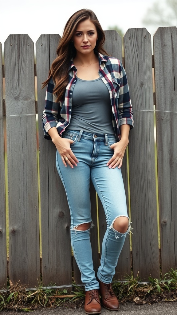 A woman wearing distressed jeans and a plaid shirt, standing against a wooden fence.