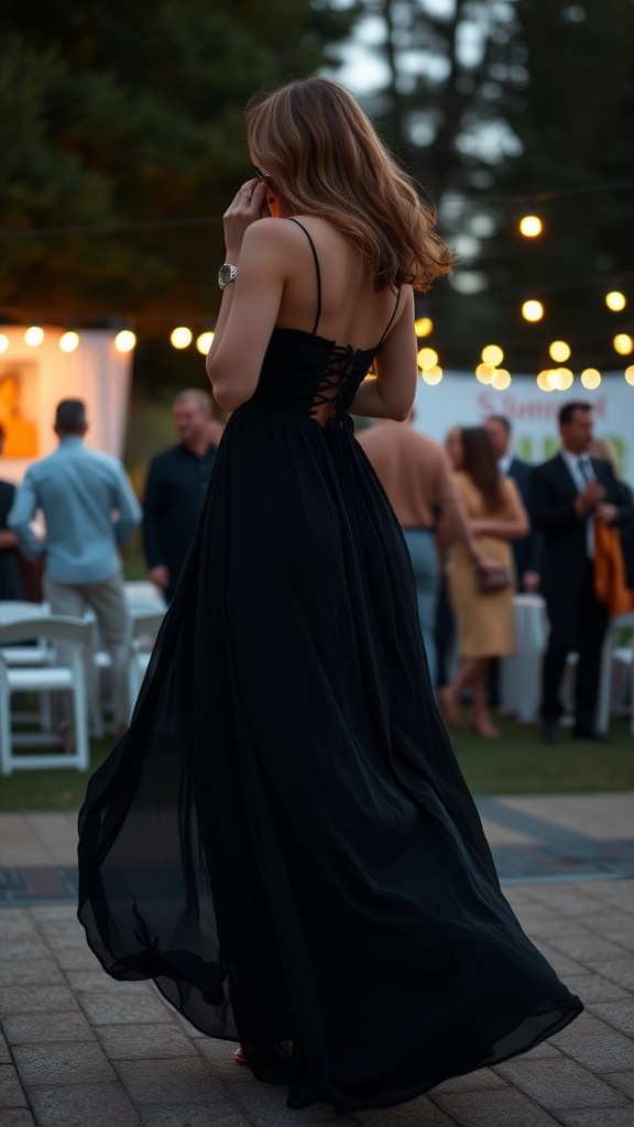 A woman in a sleek black maxi dress with a unique back design, standing outdoors at a social event with soft lights in the background.