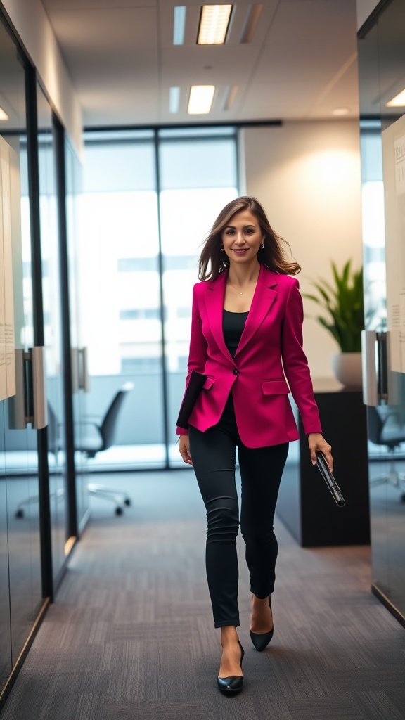 A woman confidently walking in a fuchsia blazer and black trousers in a modern office setting.