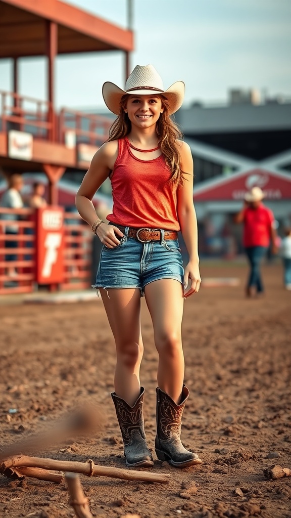 Sporty cowgirl outfit with a red tank top, denim shorts, and cowboy boots, set in a rodeo environment.