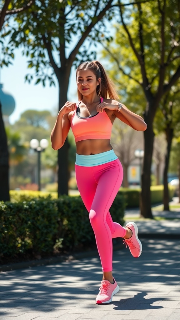 A young woman running in a vibrant hot pink activewear outfit, featuring a pink sports bra and matching leggings.