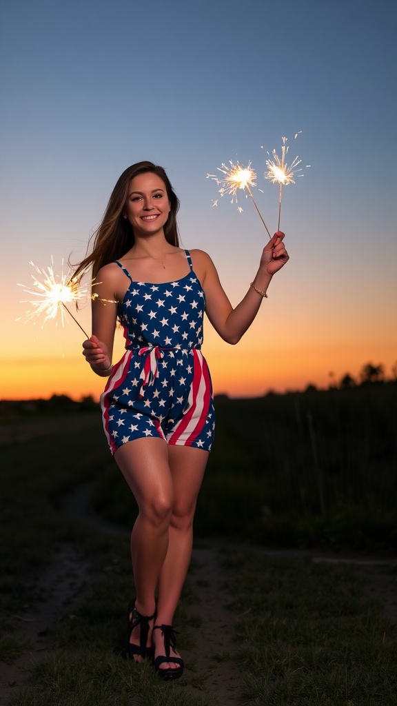 A woman in a patriotic Stars and Stripes romper holding sparklers during sunset on the 4th of July.