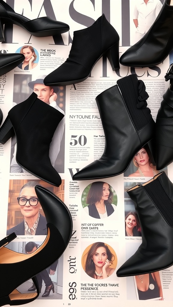 A variety of stylish black footwear options displayed on magazine pages.