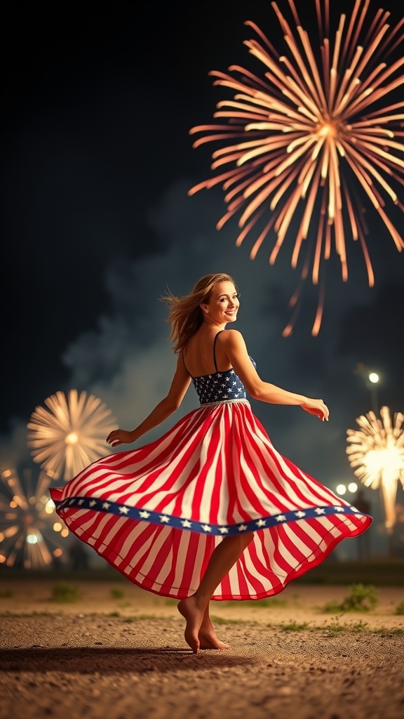 Woman twirling in a red and white striped sundress with blue top and stars, celebrating the 4th of July with fireworks in the background.