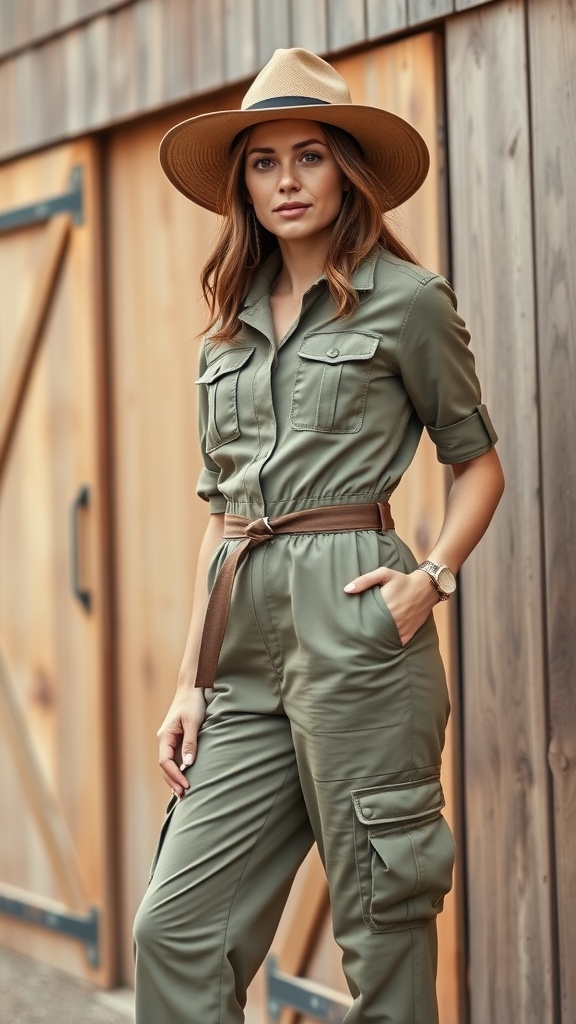 Woman in a green utility jumpsuit and a wide-brimmed hat, standing in front of a wooden backdrop.