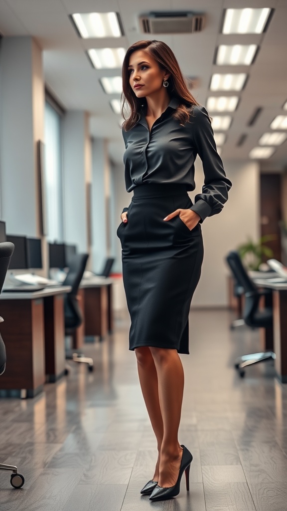 A woman in a fitted black pencil skirt and blouse standing in an office setting.