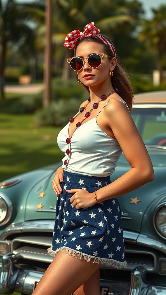 A woman in a vintage-inspired outfit featuring a white top and a star-patterned denim skirt, accessorized with a polka dot headband and sunglasses, poses confidently next to a classic car.