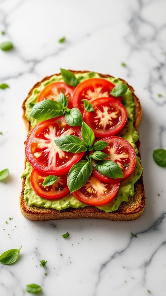 Avocado toast topped with sliced tomatoes and fresh basil leaves on a marble surface.
