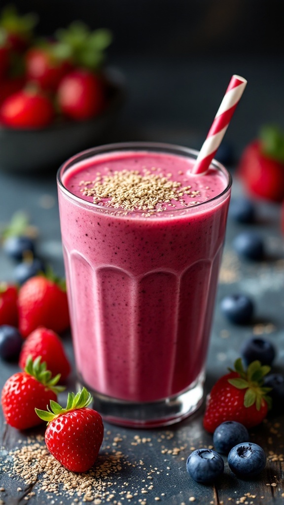 A berry smoothie in a glass topped with flaxseed, surrounded by fresh strawberries and blueberries.