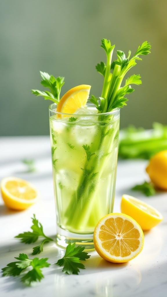 A refreshing glass of celery and lemon hydration juice with ice, garnished with lemon and celery.