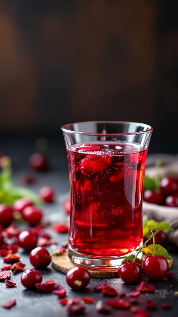 A glass of Cherry and Hibiscus Soothing Juice surrounded by fresh cherries and hibiscus flowers.