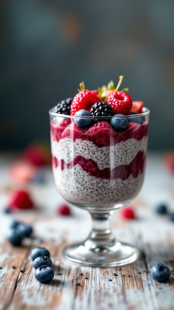 A glass of chia seed pudding topped with assorted fresh berries and mint leaves.