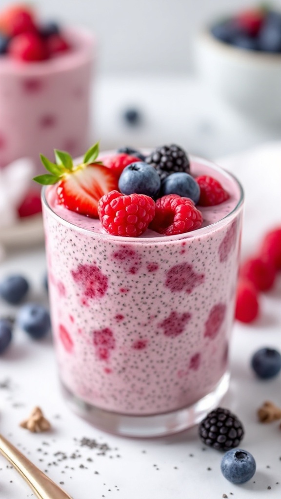 Chia seed pudding topped with strawberries, blueberries, and mint leaves.