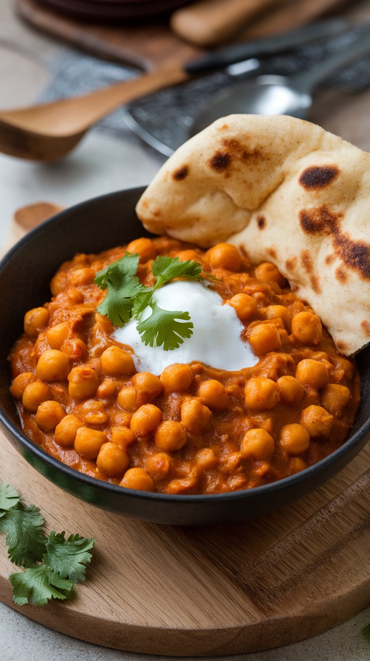 Chickpea and Sweet Potato Curry served with naan on the side