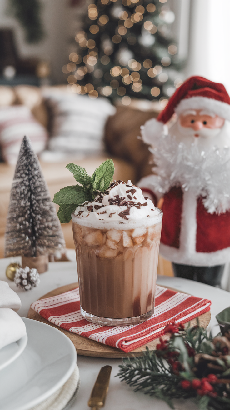 A Choco-Mint Mocktail with whipped cream, chocolate shavings, and mint leaves, set in a cozy holiday setting.