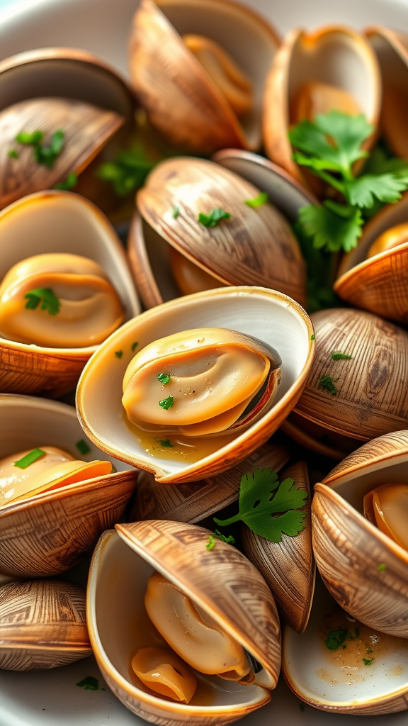 A close-up of fresh clams garnished with cilantro.