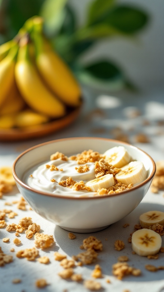 A bowl of coconut yogurt topped with granola and banana slices, surrounded by fresh ingredients.