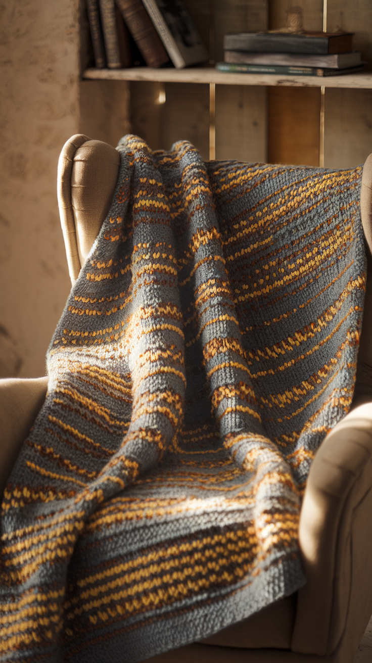 A cozy knit blanket with a striped pattern draped over a chair.