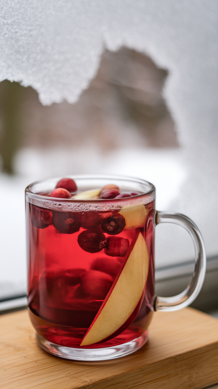 A clear cup of cranberry apple herbal tea with cranberries and apple slices inside, placed on a wooden surface near a snow-covered window.