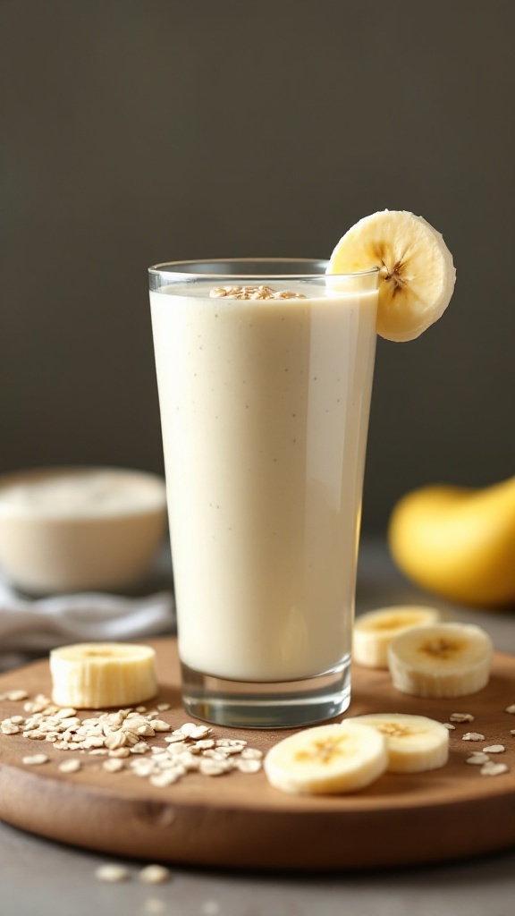 A creamy banana oat cottage cheese smoothie with banana slices and oats.