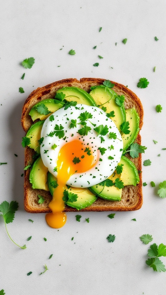 A delicious Egg and Avocado Breakfast Sandwich topped with a poached egg and fresh cilantro.