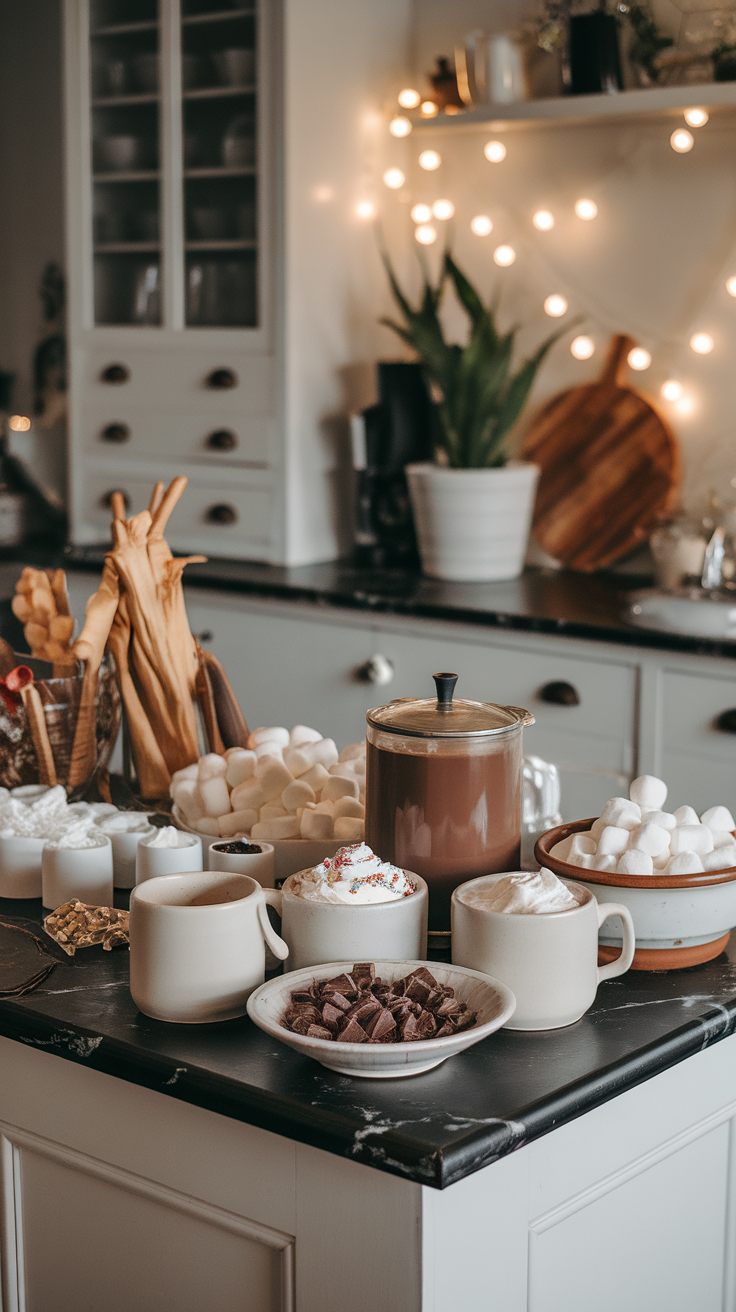 A beautifully arranged hot chocolate bar with mugs, toppings, and warm lighting.
