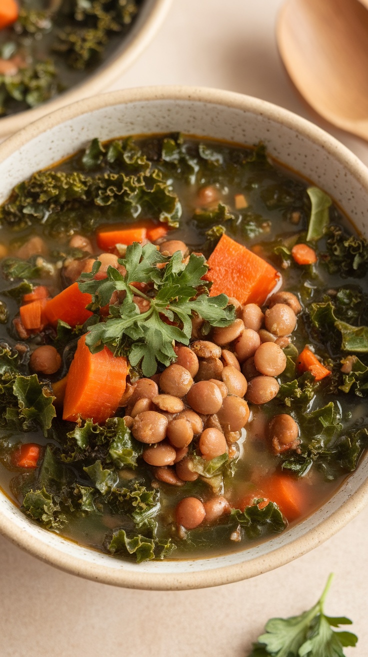 A bowl of hearty lentil soup with kale and carrots
