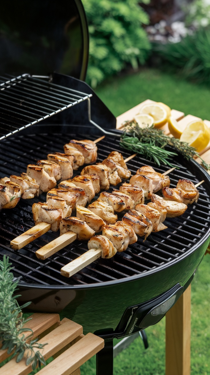 Grilled chicken skewers on a barbecue grill with lemon and herbs
