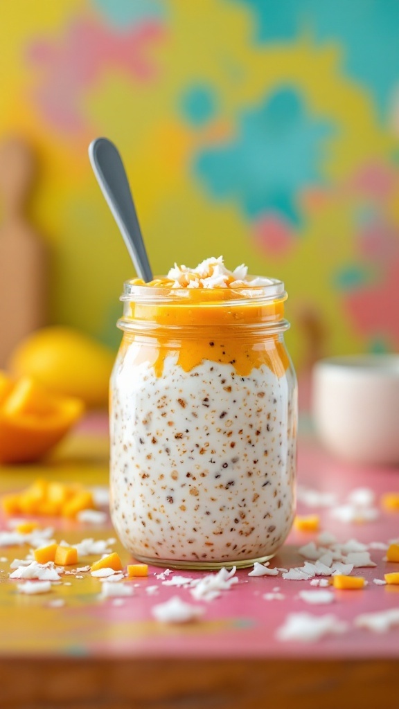 A jar of mango chutney overnight oats topped with fresh mango and coconut.