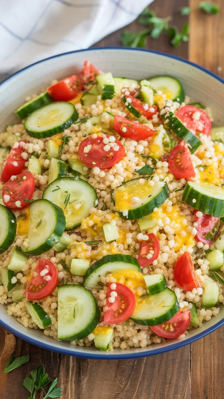 A bowl of Mediterranean couscous salad with cucumbers, tomatoes, and fresh herbs
