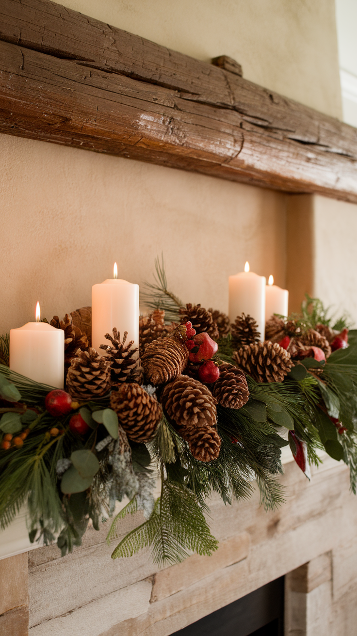 A cozy holiday decor featuring pinecones, candles, and greenery on a mantel.