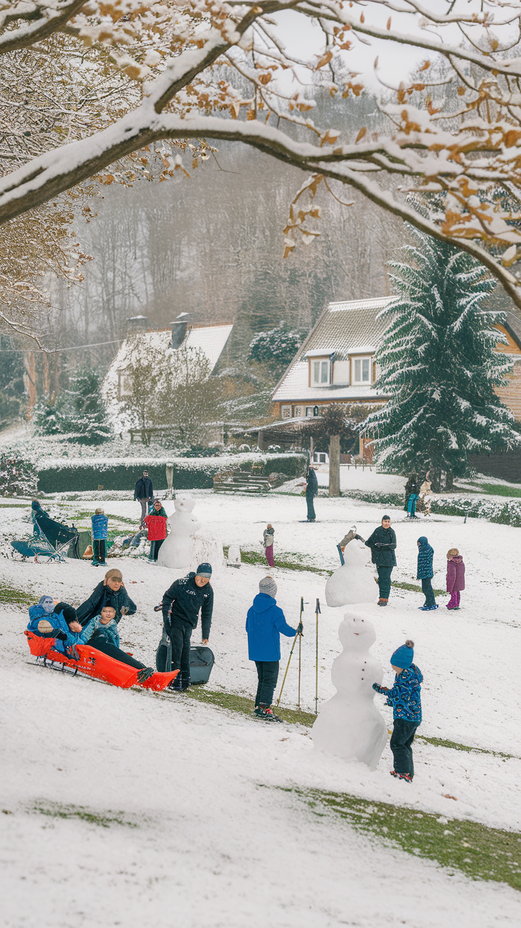 A snowy park scene with people building snowmen and sledding
