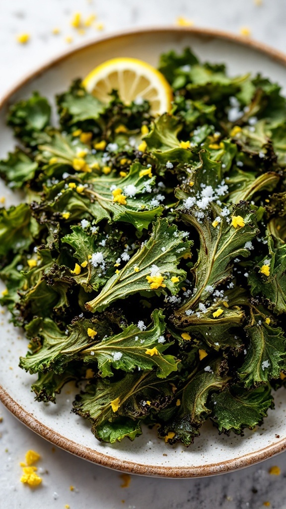 Bowl of oven-roasted kale chips with lemon and salt