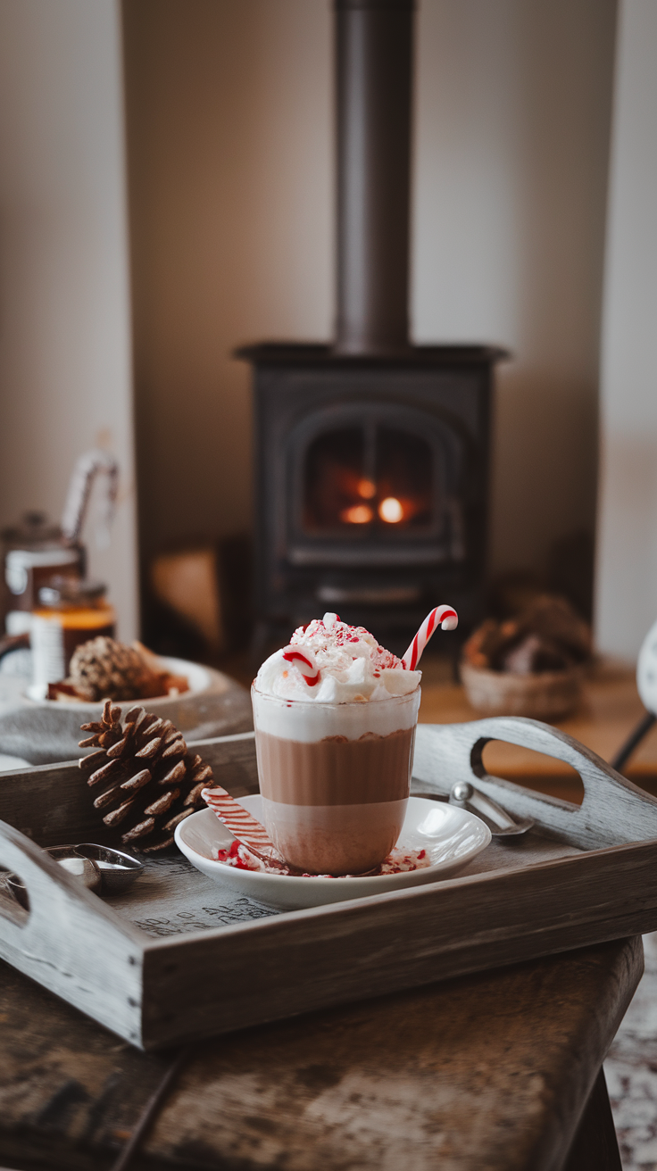 A cozy setup featuring a cup of peppermint hot chocolate topped with whipped cream and candy canes, set against a warm fireplace.