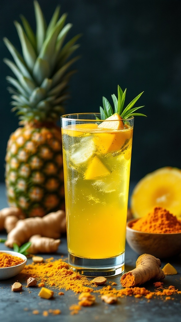 A refreshing glass of pineapple, ginger, and turmeric tonic with a pineapple in the background