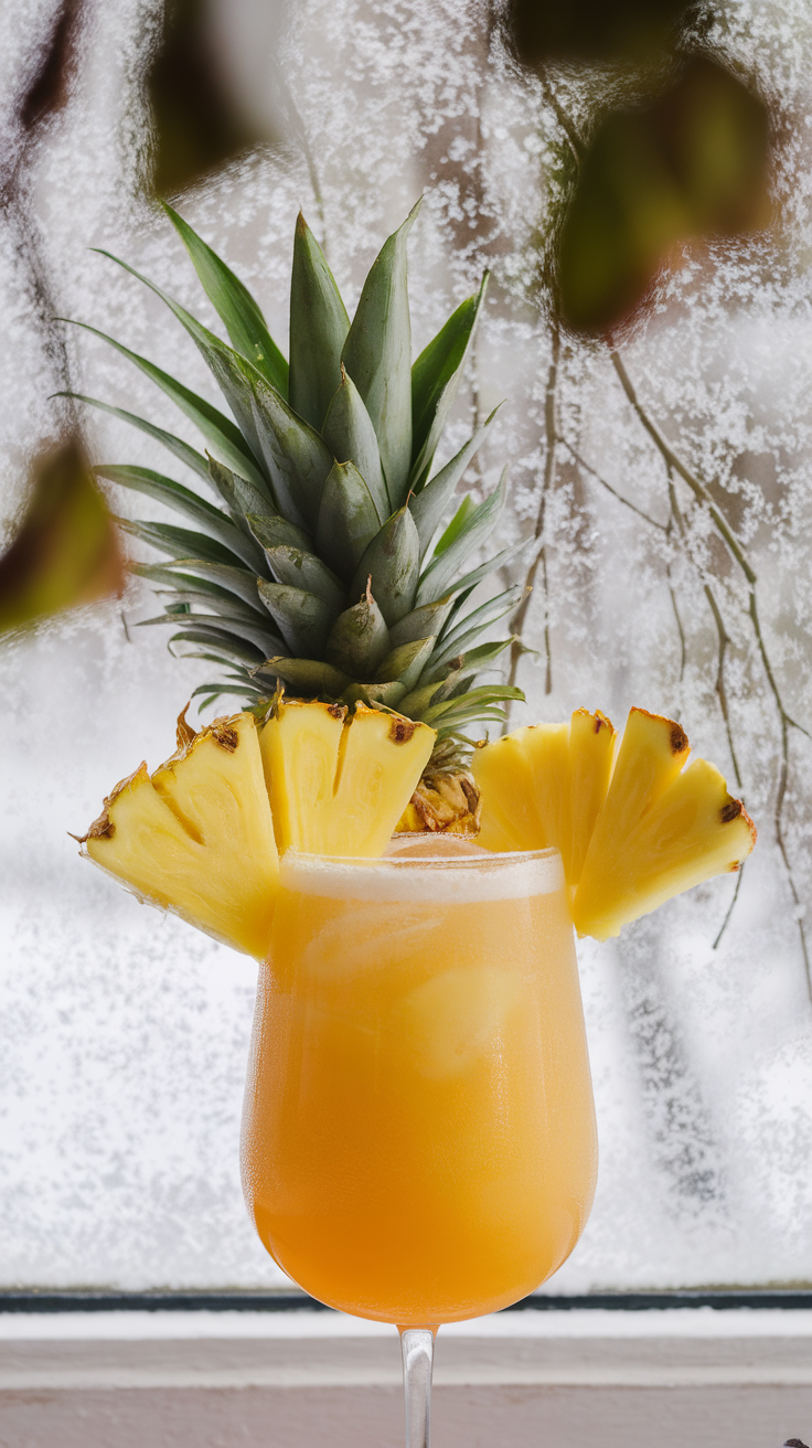 A vibrant pineapple mocktail garnished with fresh pineapple slices, set against a snowy backdrop.