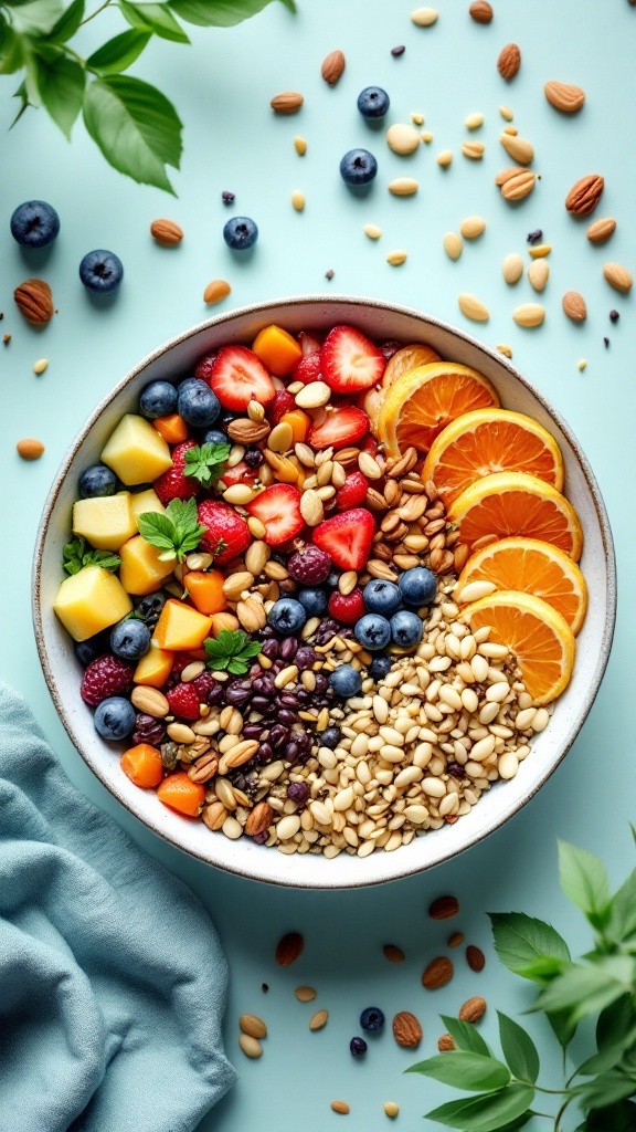 A bowl filled with colorful fruits, nuts, and quinoa, showcasing a healthy breakfast option.