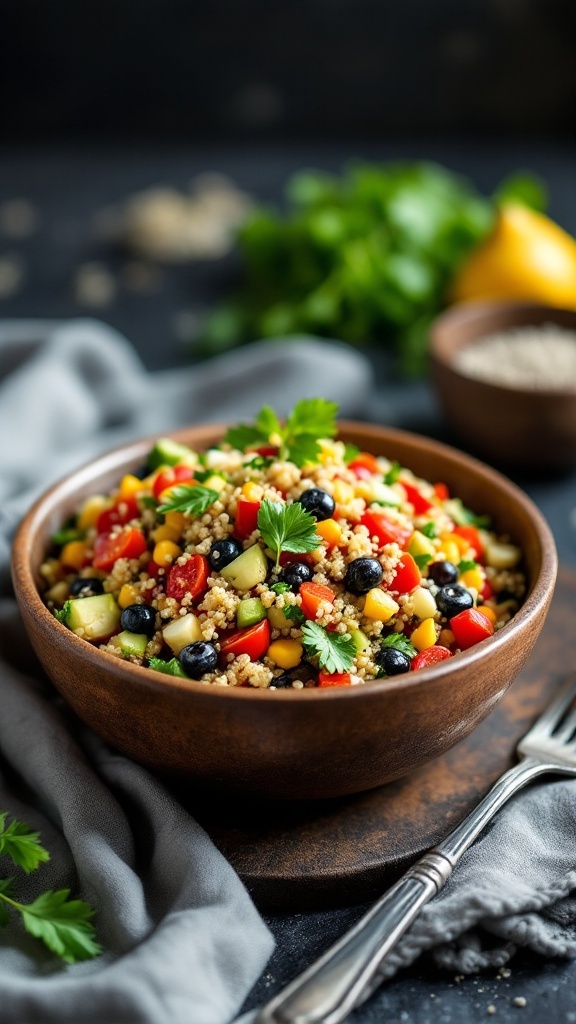 A bowl of quinoa salad with colorful vegetables, garnished with fresh herbs.