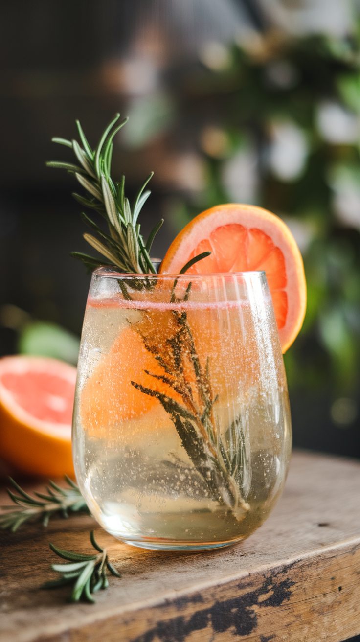A refreshing sparkling rosemary grapefruit mocktail garnished with a slice of grapefruit and a sprig of rosemary.