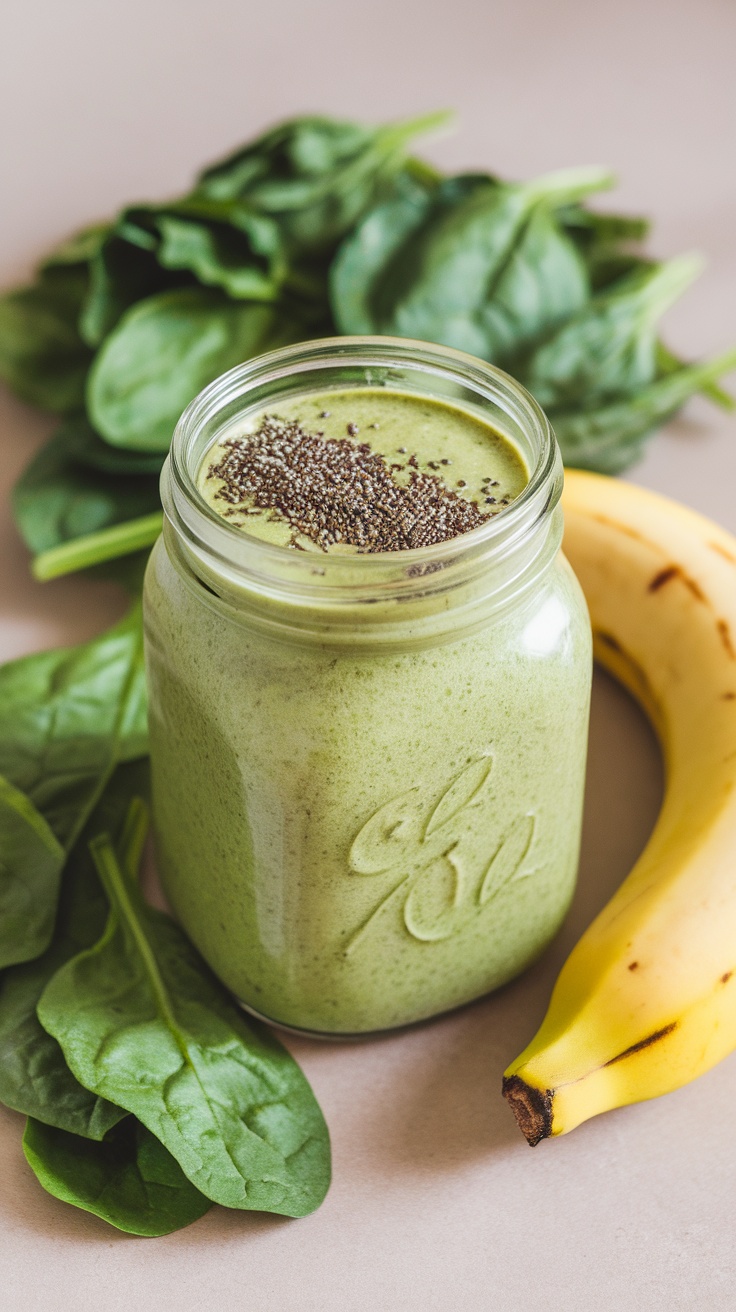 Spinach and banana smoothie in a jar with chia seeds on top, surrounded by fresh spinach and a banana.