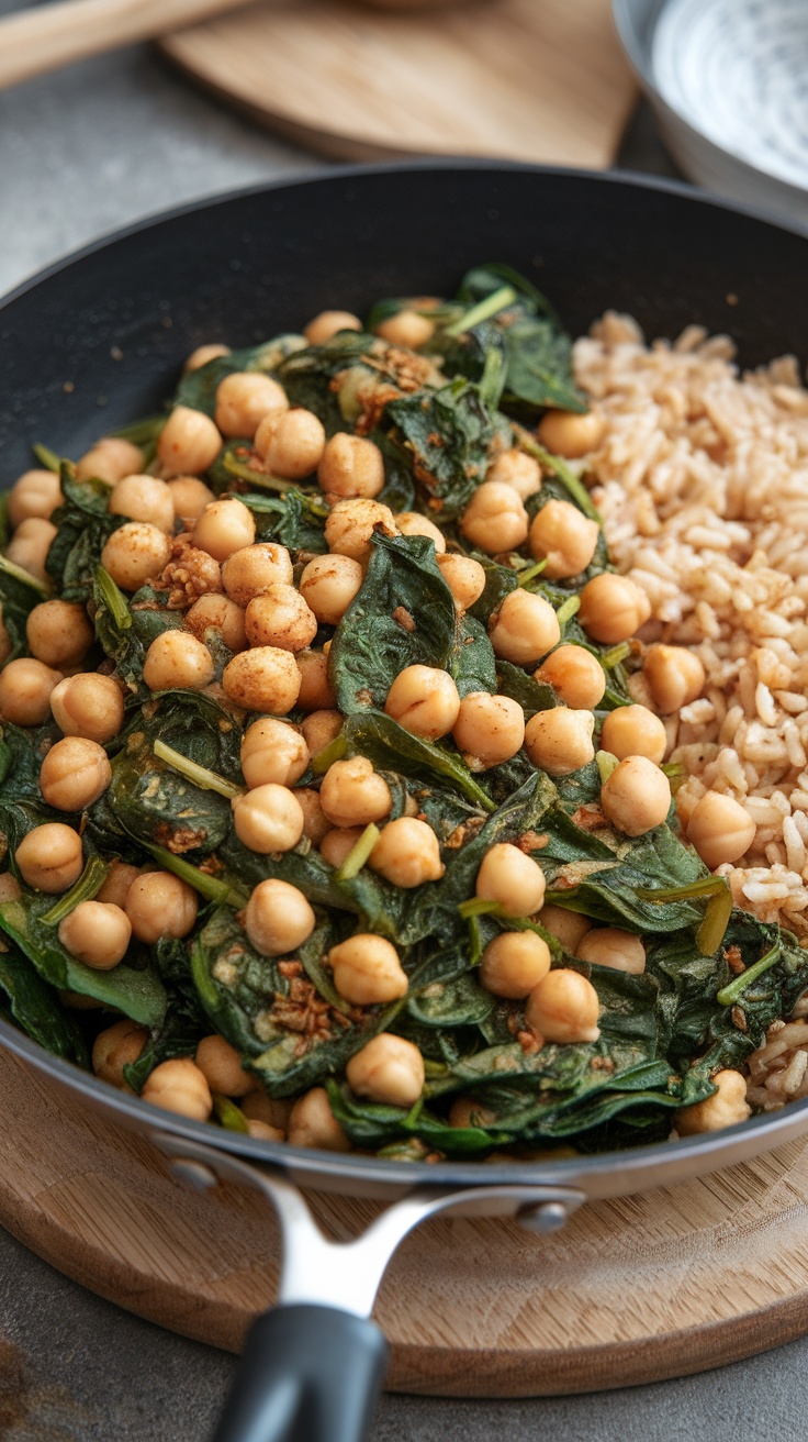 A vibrant stir-fry featuring spinach and chickpeas served with rice.